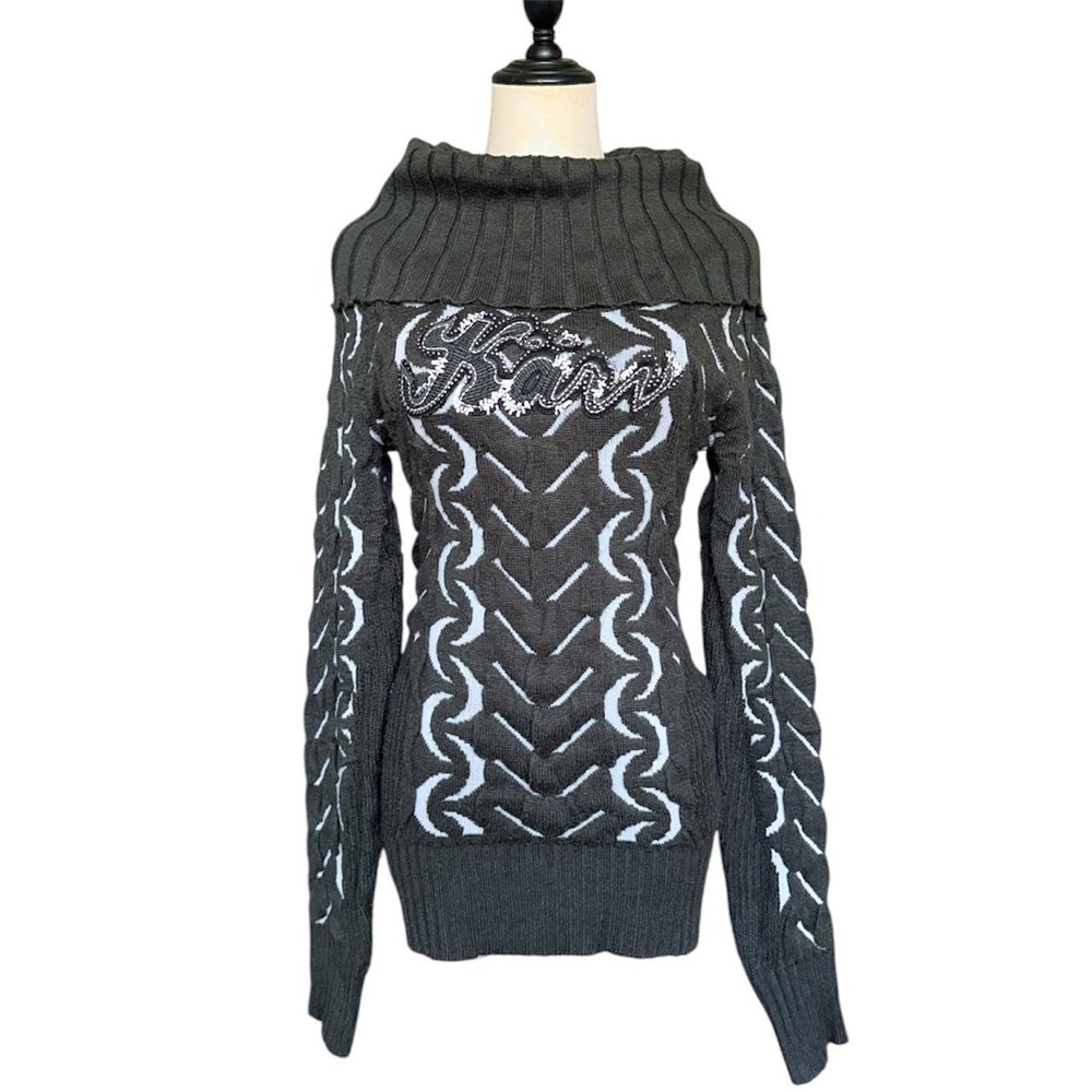 Y2K Grunge grey long-sleeve knit sweater ribbed cowl neck embellished lettering